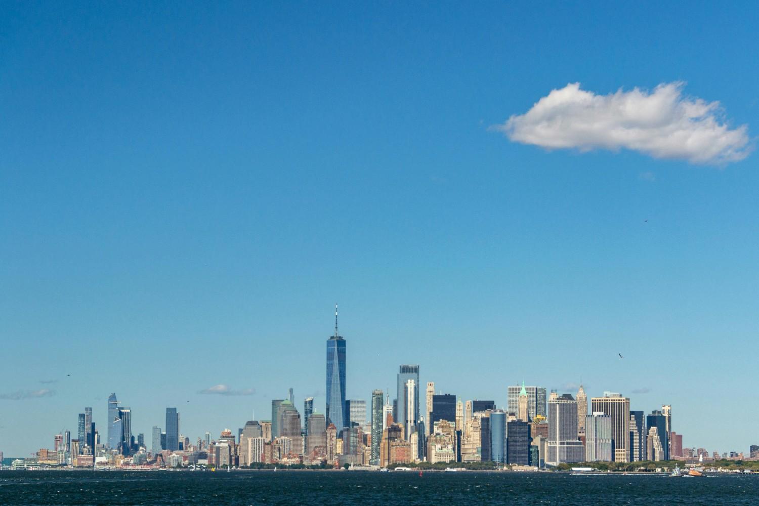 New York City skyline at dusk.